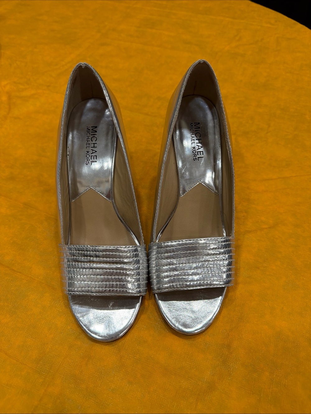 Michael Kors Silver Metallic Peep-Toe Heels with Textured Strap